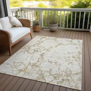 Photo of Ivory And Beige Striped Washable Indoor Outdoor Area Rug