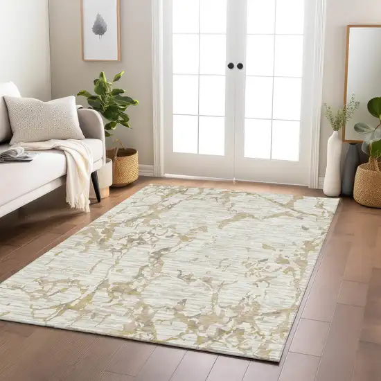 Ivory And Beige Striped Washable Indoor Outdoor Area Rug Photo 8
