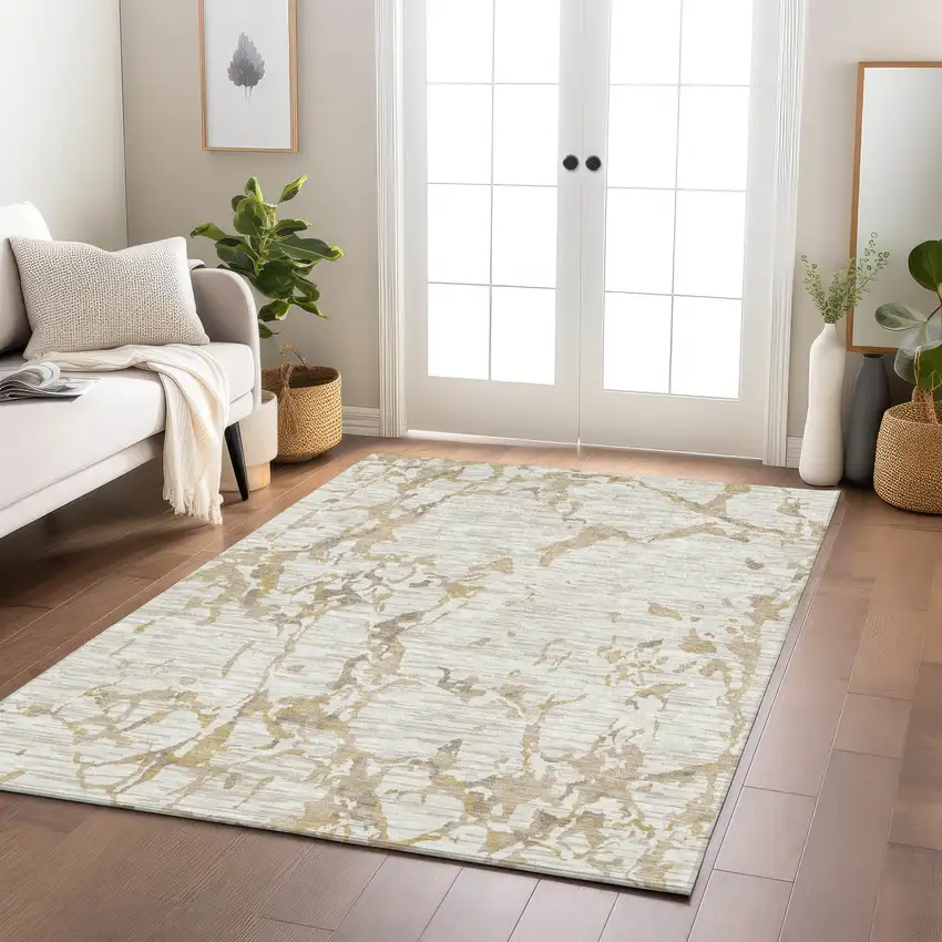 Ivory And Beige Striped Washable Indoor Outdoor Area Rug Photo 8