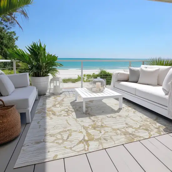 Ivory And Beige Striped Washable Indoor Outdoor Area Rug Photo 9