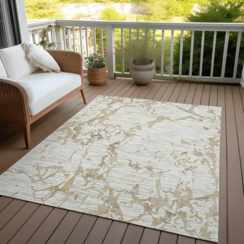 Ivory And Beige Striped Washable Indoor Outdoor Area Rug Photo 6