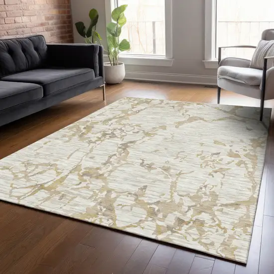 Ivory And Beige Striped Washable Indoor Outdoor Area Rug Photo 7