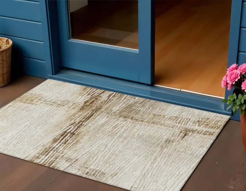 Ivory And Beige Striped Washable Indoor Outdoor Area Rug Photo 2