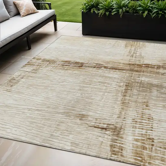 Ivory And Beige Striped Washable Indoor Outdoor Area Rug Photo 2