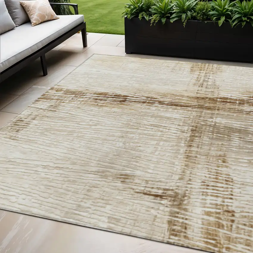 Ivory And Beige Striped Washable Indoor Outdoor Area Rug Photo 2