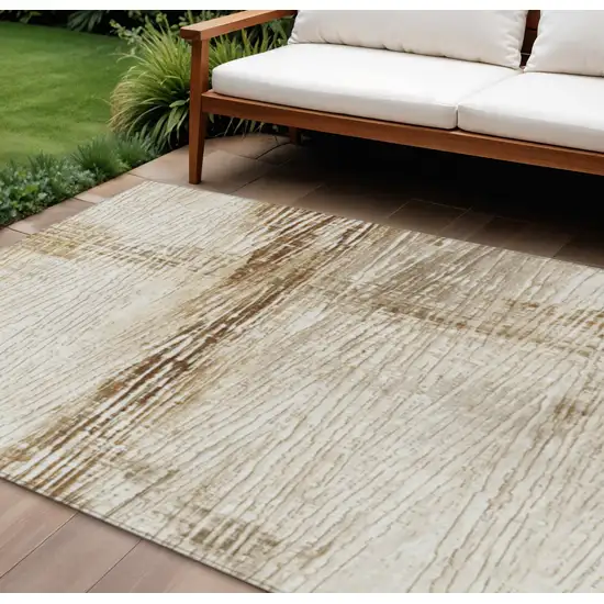 Ivory And Beige Striped Washable Indoor Outdoor Area Rug Photo 2