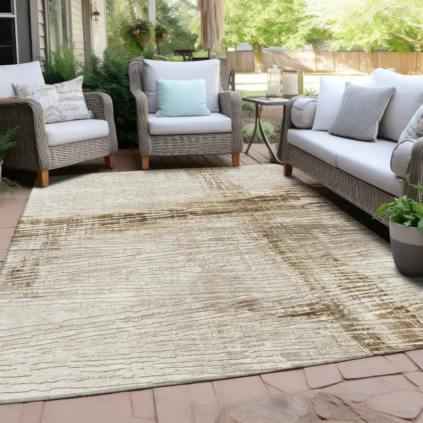 Ivory And Beige Striped Washable Indoor Outdoor Area Rug Photo 4