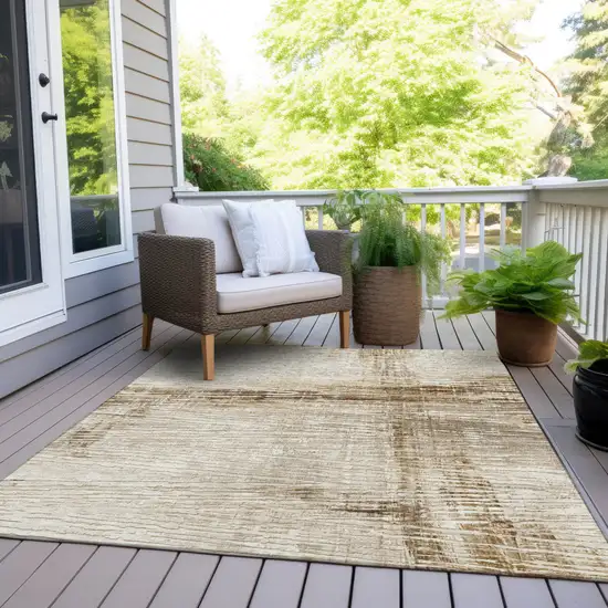 Ivory And Beige Striped Washable Indoor Outdoor Area Rug Photo 7