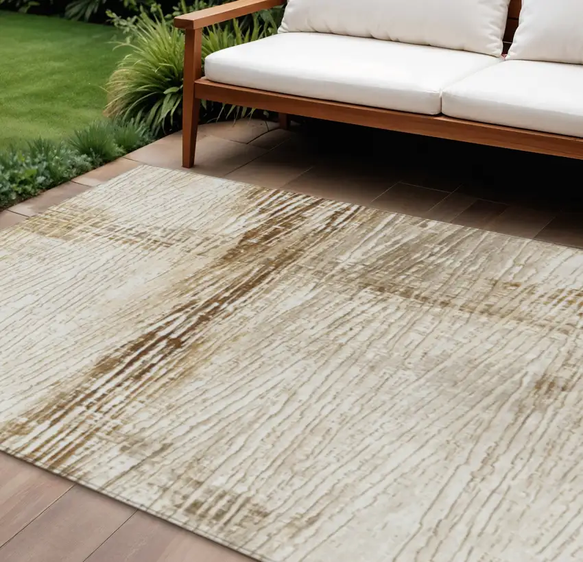 Ivory And Beige Striped Washable Indoor Outdoor Area Rug Photo 2