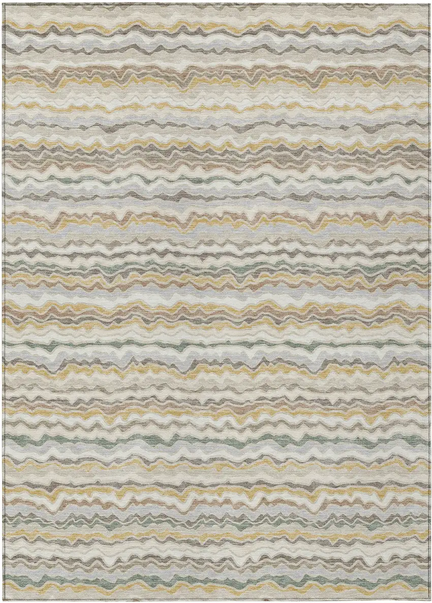 Ivory And Beige Striped Washable Indoor Outdoor Area Rug Photo 1