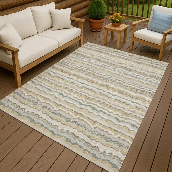 Ivory And Beige Striped Washable Indoor Outdoor Area Rug Photo 4