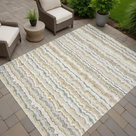 Ivory And Beige Striped Washable Indoor Outdoor Area Rug Photo 7