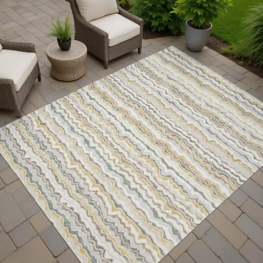 Ivory And Beige Striped Washable Indoor Outdoor Area Rug Photo 7