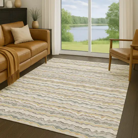 Ivory And Beige Striped Washable Indoor Outdoor Area Rug Photo 5