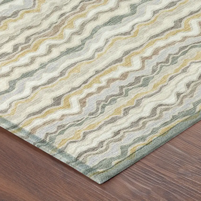 Ivory And Beige Striped Washable Indoor Outdoor Area Rug Photo 8