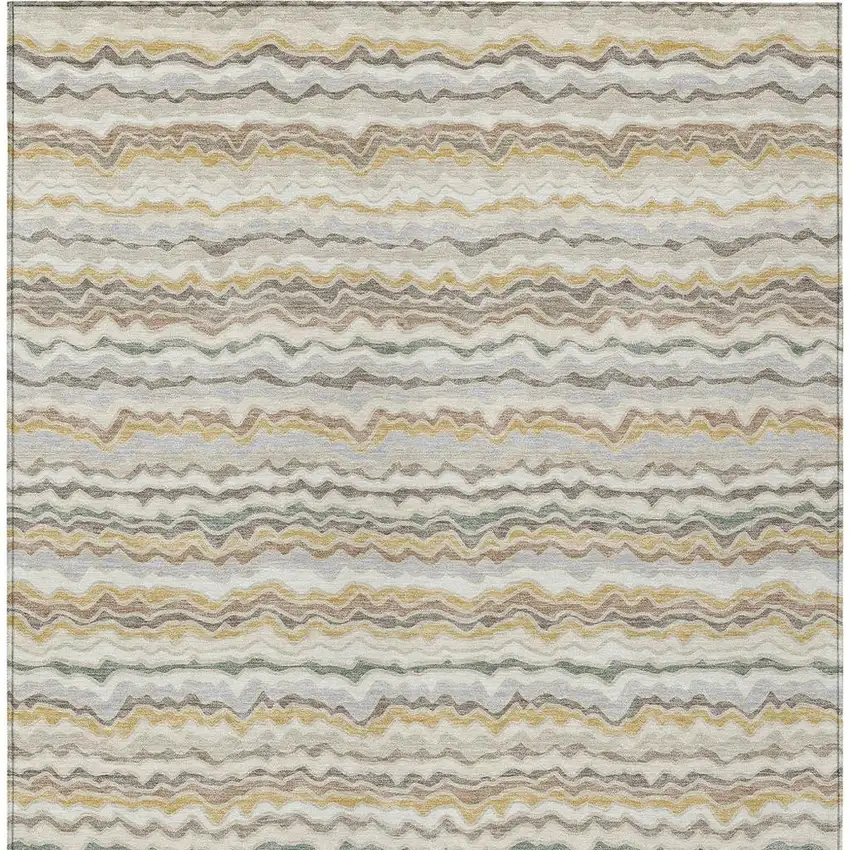 Ivory And Beige Striped Washable Indoor Outdoor Area Rug Photo 3