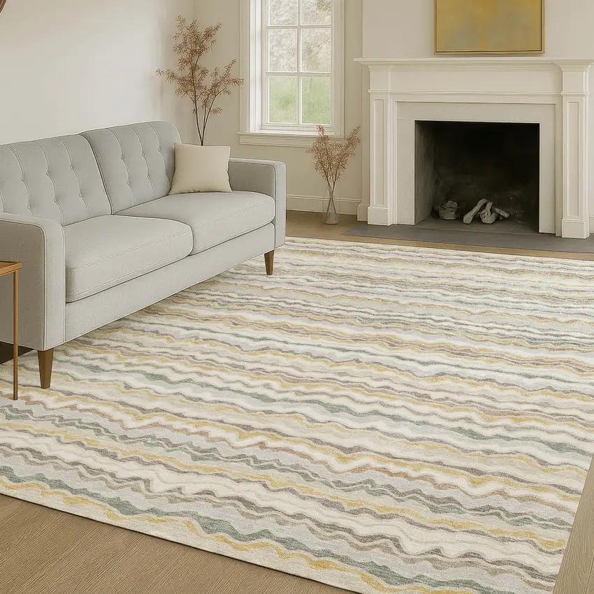 Ivory And Beige Striped Washable Indoor Outdoor Area Rug Photo 6