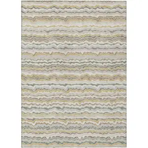 Photo of Ivory And Beige Striped Washable Indoor Outdoor Area Rug