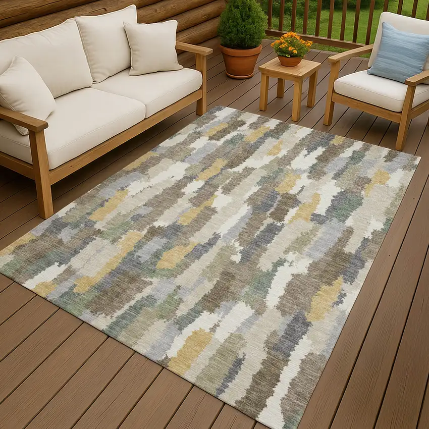 Ivory And Beige Striped Washable Indoor Outdoor Area Rug Photo 4