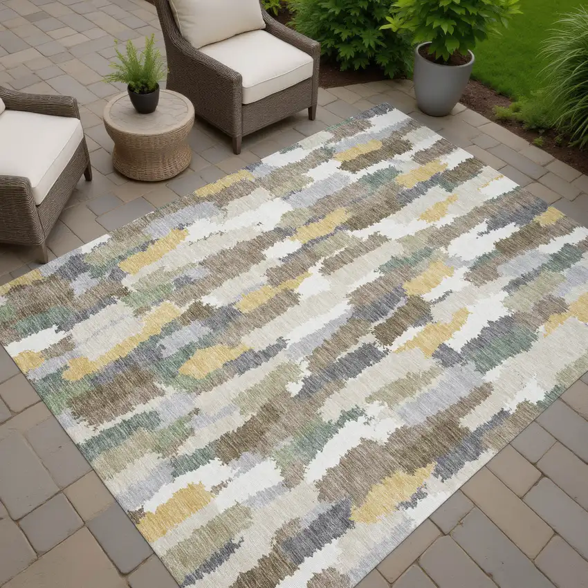 Ivory And Beige Striped Washable Indoor Outdoor Area Rug Photo 7