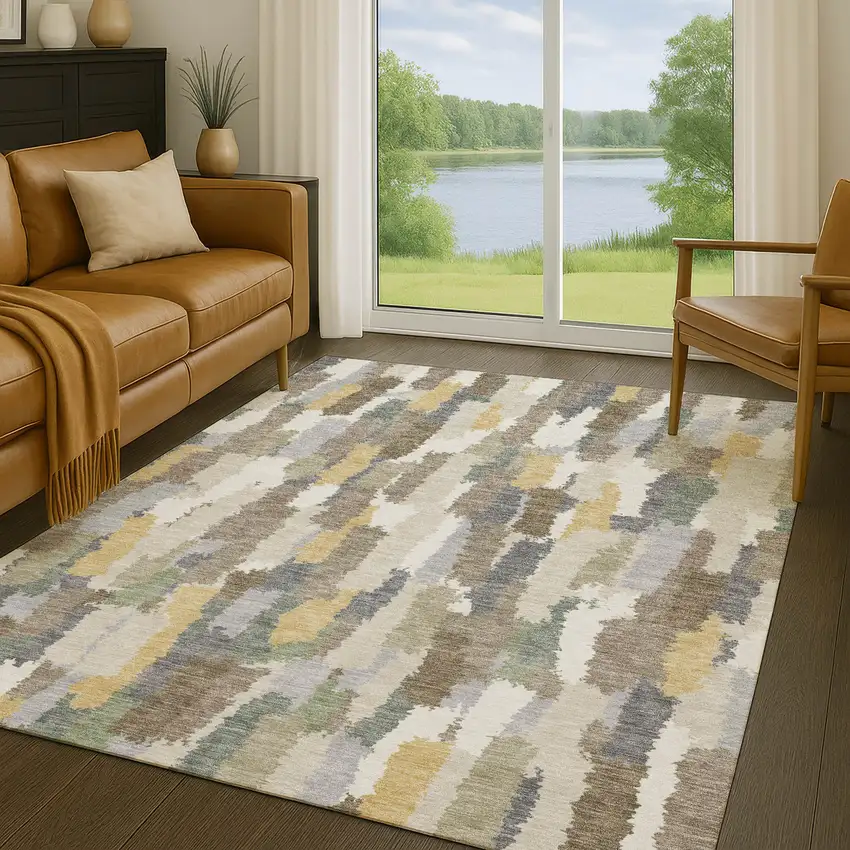 Ivory And Beige Striped Washable Indoor Outdoor Area Rug Photo 5