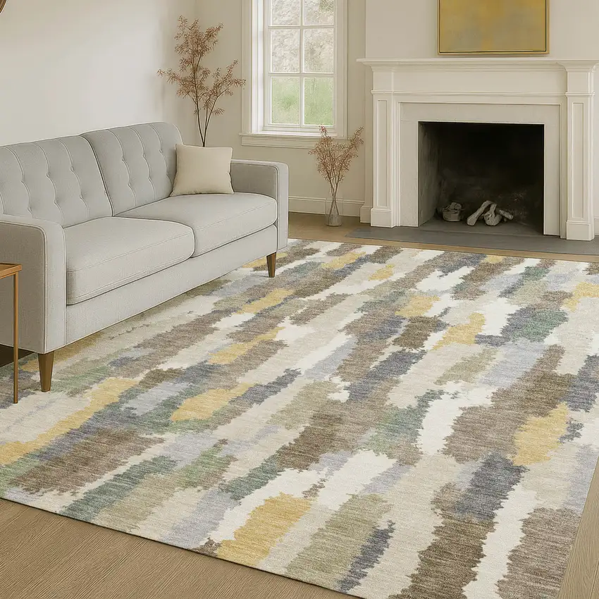 Ivory And Beige Striped Washable Indoor Outdoor Area Rug Photo 6