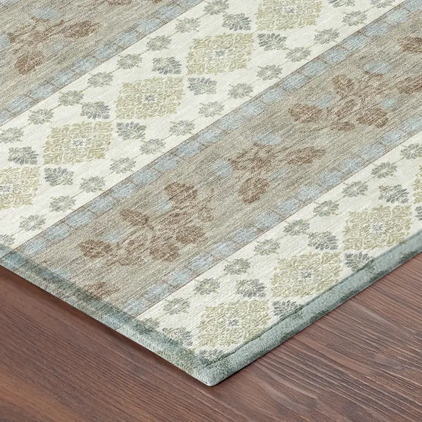 Ivory And Beige Striped Washable Indoor Outdoor Area Rug Photo 8