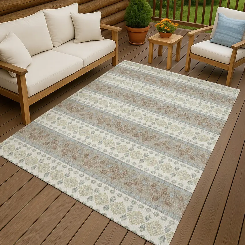 Ivory And Beige Striped Washable Indoor Outdoor Area Rug Photo 4