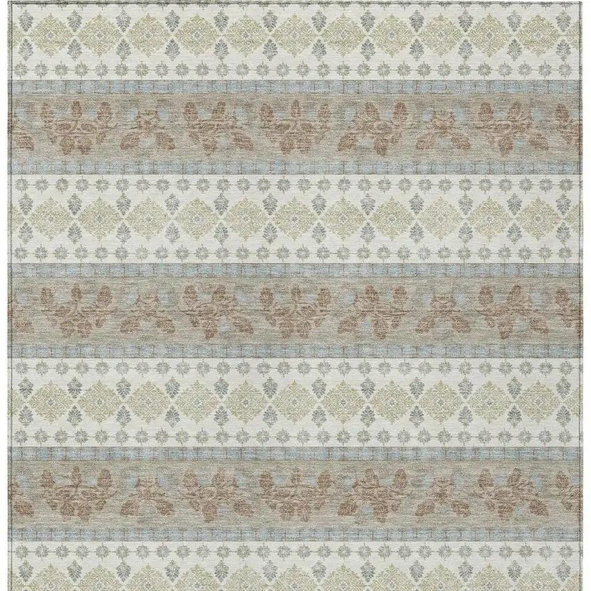 Ivory And Beige Striped Washable Indoor Outdoor Area Rug Photo 3