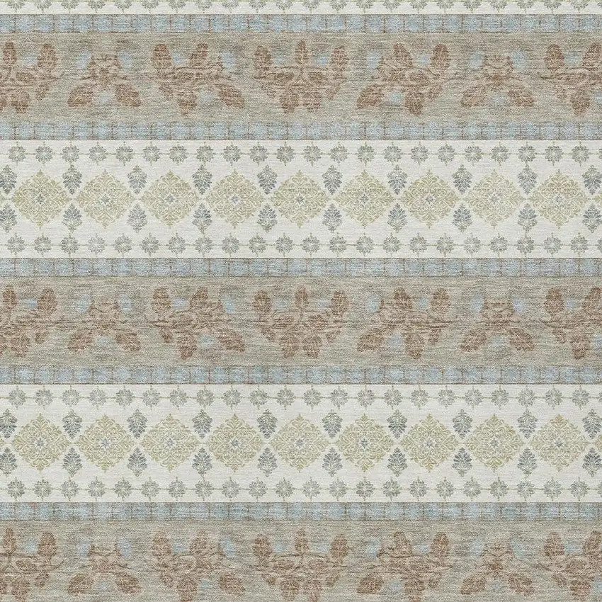 Ivory And Beige Striped Washable Indoor Outdoor Area Rug Photo 2