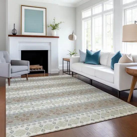 Ivory And Beige Striped Washable Indoor Outdoor Area Rug Photo 6