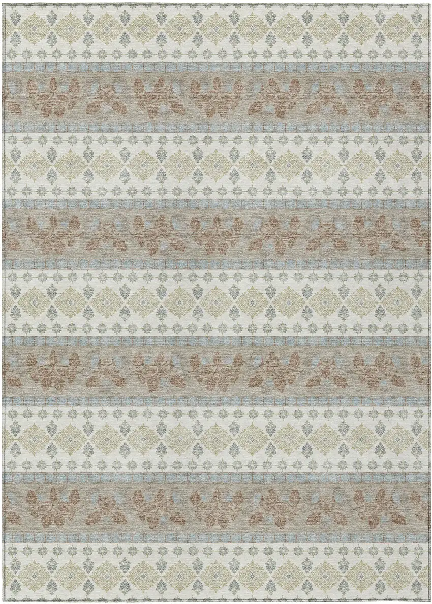 Ivory And Beige Striped Washable Indoor Outdoor Area Rug Photo 1