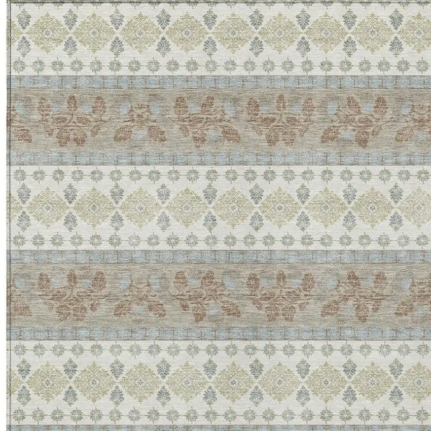 Ivory And Beige Striped Washable Indoor Outdoor Area Rug Photo 2