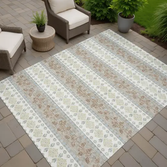 Ivory And Beige Striped Washable Indoor Outdoor Area Rug Photo 7