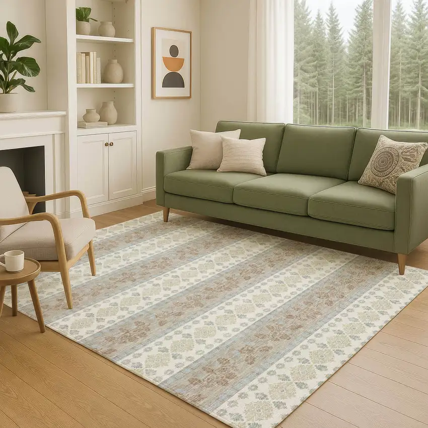 Ivory And Beige Striped Washable Indoor Outdoor Area Rug Photo 5