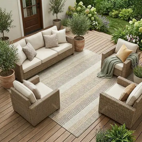 Ivory And Beige Striped Washable Indoor Outdoor Area Rug Photo 1
