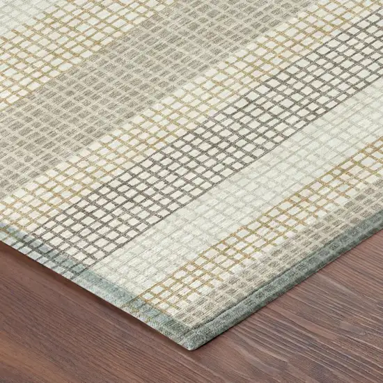 Ivory And Beige Striped Washable Indoor Outdoor Area Rug Photo 5