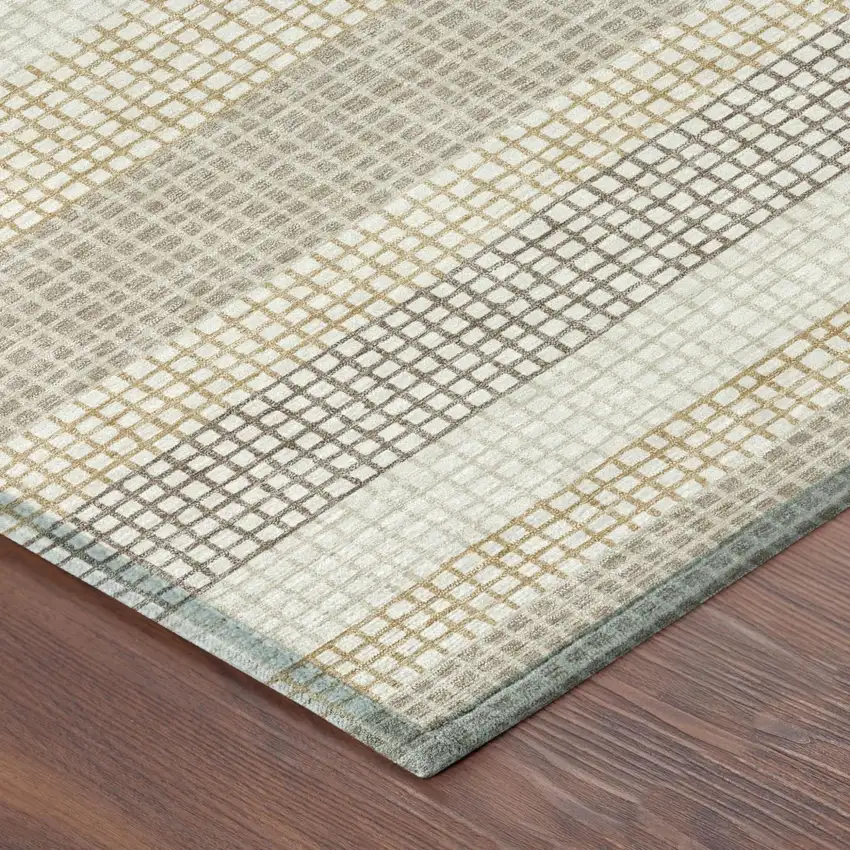 Ivory And Beige Striped Washable Indoor Outdoor Area Rug Photo 5