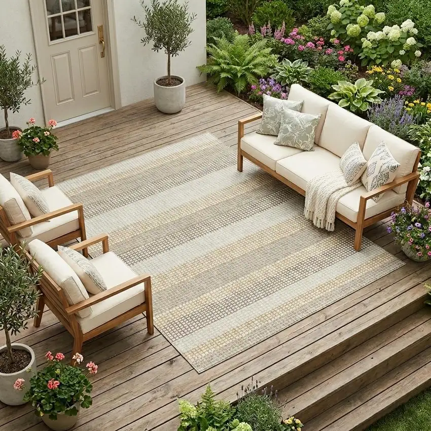 Ivory And Beige Striped Washable Indoor Outdoor Area Rug Photo 1