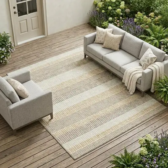 Ivory And Beige Striped Washable Indoor Outdoor Area Rug Photo 1