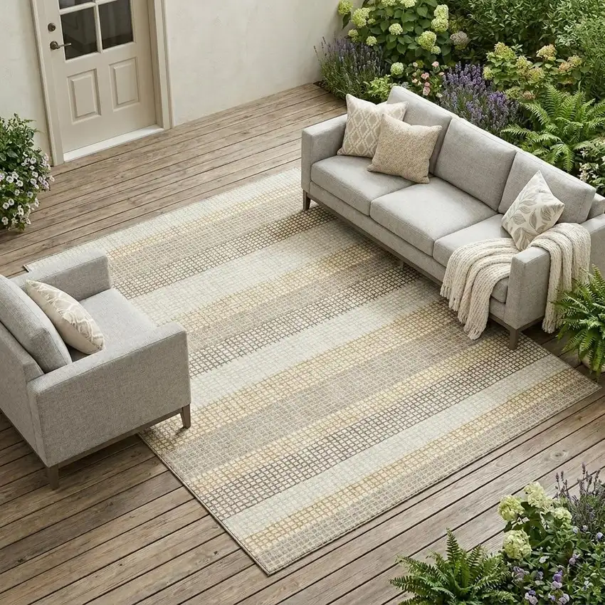Ivory And Beige Striped Washable Indoor Outdoor Area Rug Photo 1