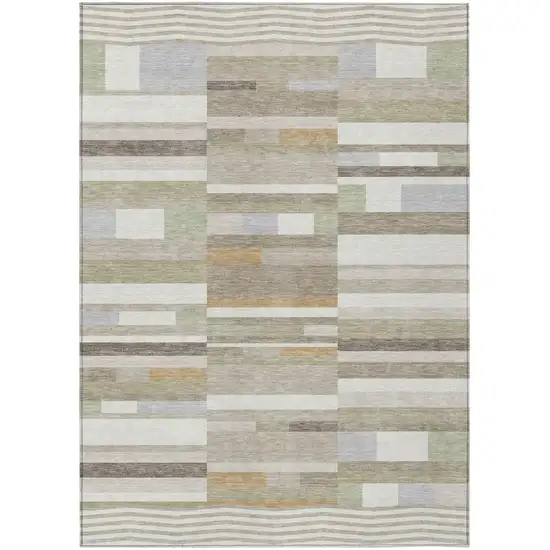 Ivory And Beige Striped Washable Indoor Outdoor Area Rug Photo 2