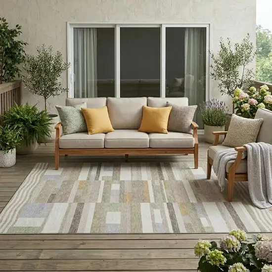 Ivory And Beige Striped Washable Indoor Outdoor Area Rug Photo 1