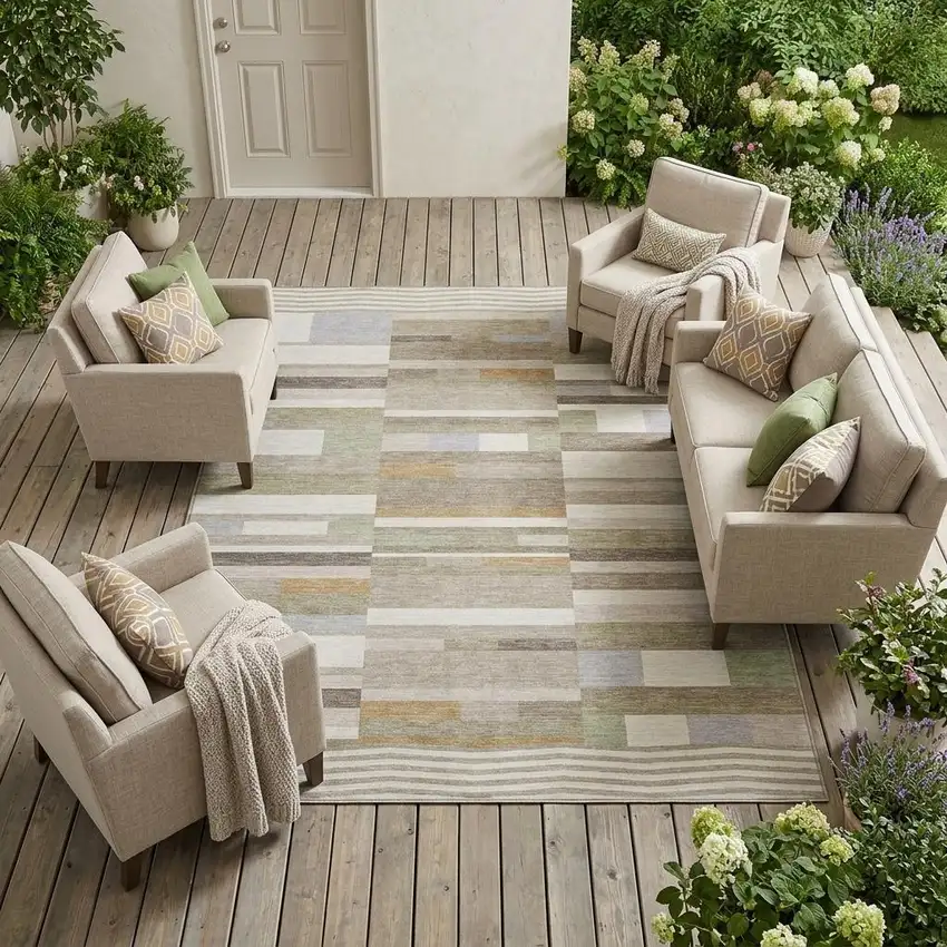 Ivory And Beige Striped Washable Indoor Outdoor Area Rug Photo 1