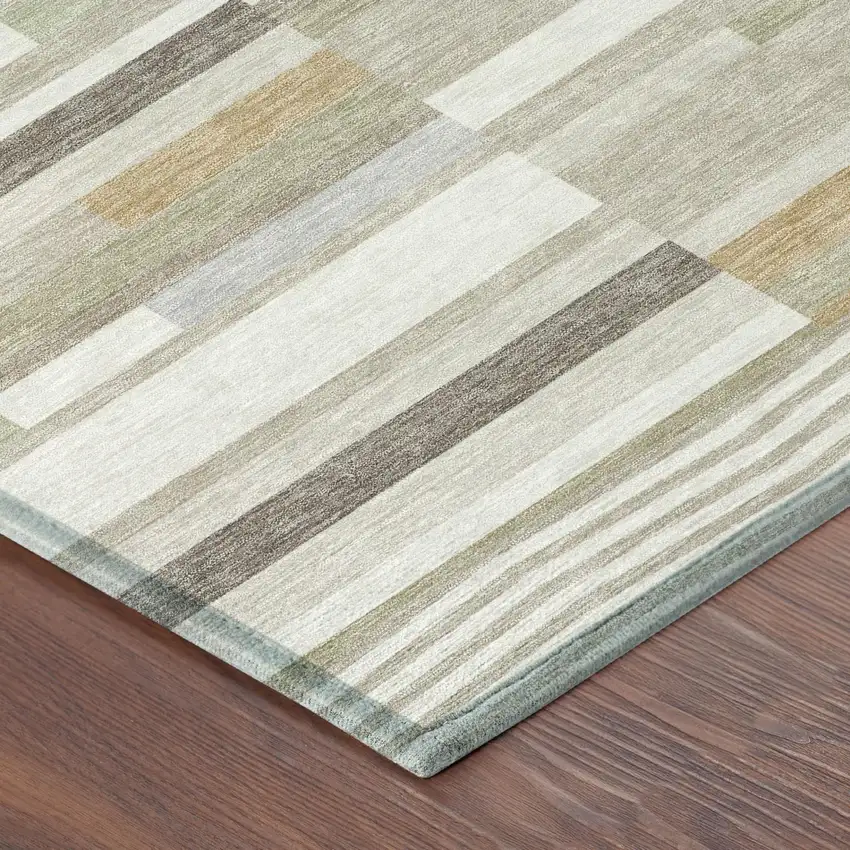 Ivory And Beige Striped Washable Indoor Outdoor Area Rug Photo 3
