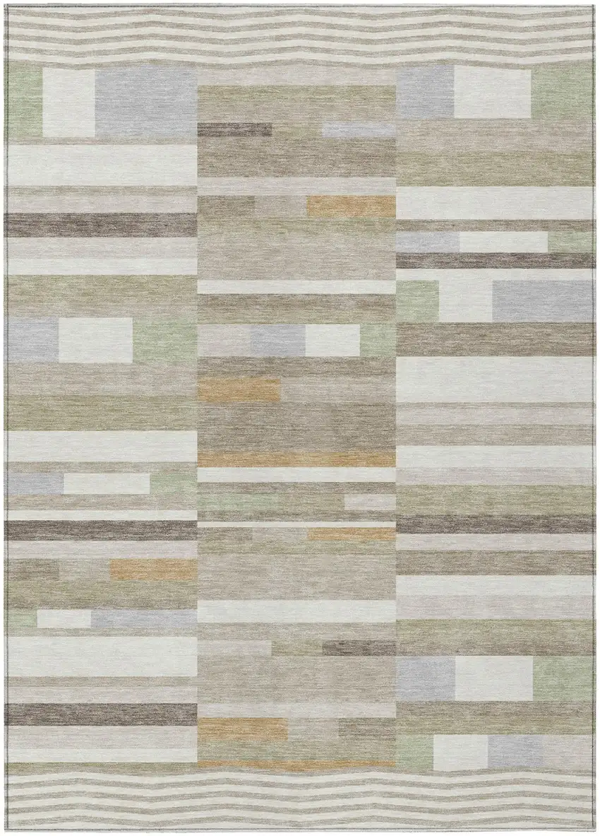 Ivory And Beige Striped Washable Indoor Outdoor Area Rug Photo 2