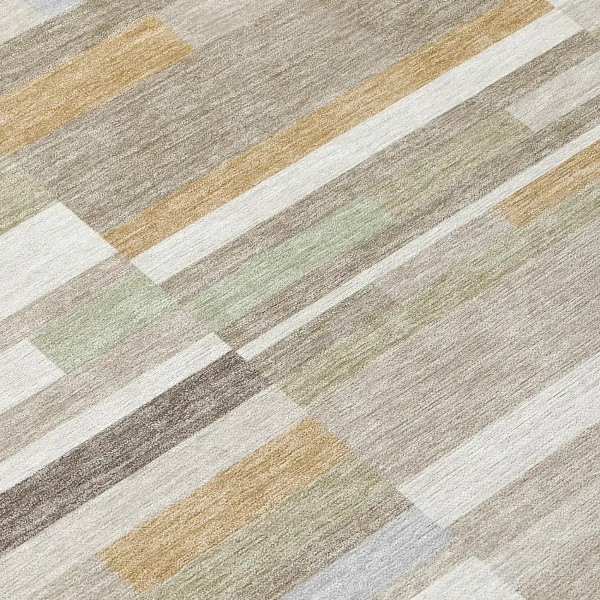 Ivory And Beige Striped Washable Indoor Outdoor Area Rug Photo 4