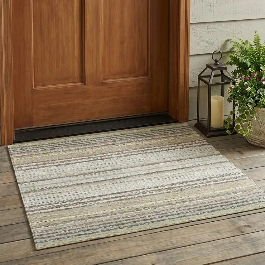 Ivory And Beige Striped Washable Indoor Outdoor Area Rug Photo 1