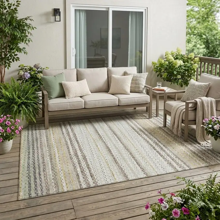 Ivory And Beige Striped Washable Indoor Outdoor Area Rug Photo 1