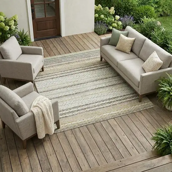 Ivory And Beige Striped Washable Indoor Outdoor Area Rug Photo 1